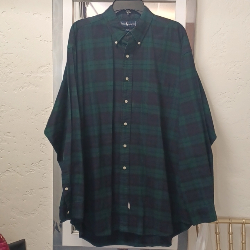 VTG Ralph Lauren The Big Oxford tartan blue green plaid long sleeve shirt sz XL